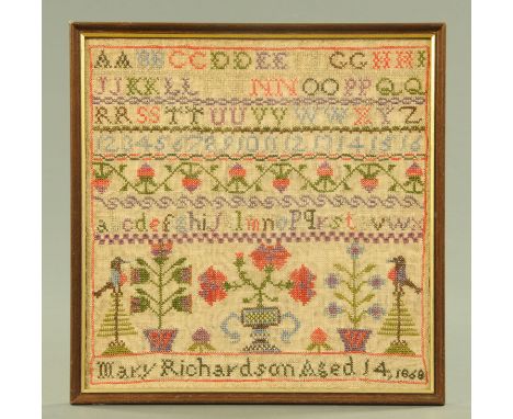 A pictorial sampler, worked by Mary Richardson aged 14, 1868, with alphabet and numbers, above flowering plants and birds, 30