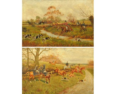 F McKay, 19th century, a pair of foxhunting scenes within country landscapes, signed, oil on canvas, 40 cm x 61.5 cm. CONDITI