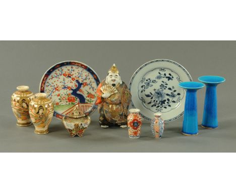 A Satsuma Moriage Korot, a pair of Satsuma vases decorated with Kwannon, two small Imari vases, an Imari dish, a Chinese blue