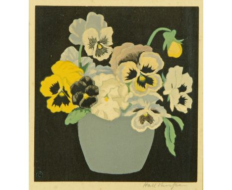 John Hall Thorpe (1874-1974) colour woodblock print, "crocus in a blue vase", signed in pencil, 16 cm x 15 cm.  ARR