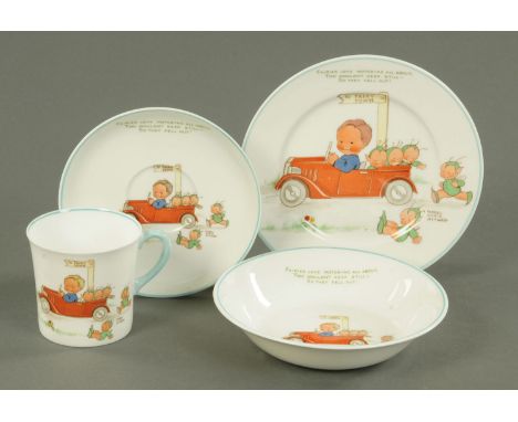 Mabel Lucie Attwell for Shelley, a nursery breakfast set "Fairies Love Motoring All About ..", comprising cup, saucer, cereal