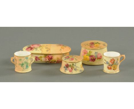 A small collection of blush ground Royal Worcester, 1900/10, comprising a James Hadley shamrock pattern miniature tyg, a mini