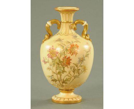 A Royal Worcester blush ground vase, date code for 1891, with gilt serpent handles above floral spray decoration, heightened 