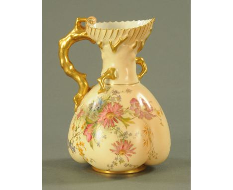 A Royal Worcester blush ivory ground coral jug, date code for 1903, the inverted lobed body with floral sprays, heightened wi