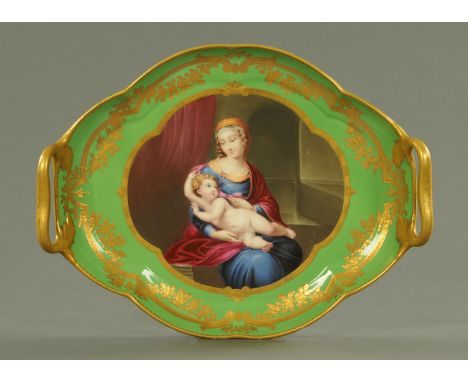 An English porcelain two handled cabinet tray, early to mid 19th century, finely painted in polychrome enamels of the Virgin 