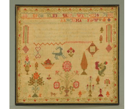 A sampler dated 1829, Elizabeth Atkinson alphabet numbers and verse with trees and flowers, 40 cm x 40 cm, framed.