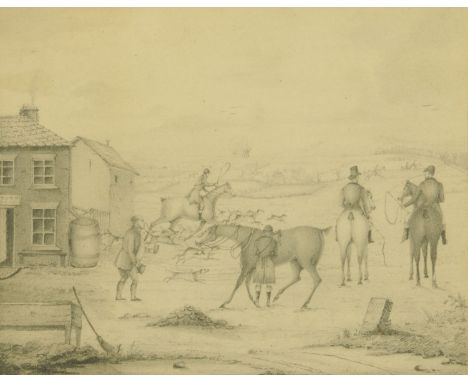 English School, 8 miles to Bow, 19th century, pencil sketch depicting a fox hunting pack outside buildings and landscape beyo
