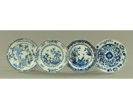Four Chinese blue and white plates, 18th century, two of octagonal form decorated with a hare seated upon a viewing rock with