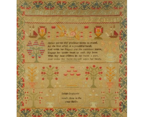 A pictorial and verse sampler, worked by Sarah Graham in the year 1860, with alphabet and numbers above a pictorial banner wi