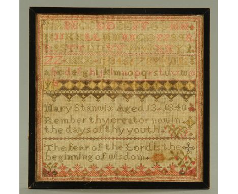 An early Victorian alphabet number and verse sampler, worked by Mary Stanwix, aged 13, 1840, with religious text all above a 