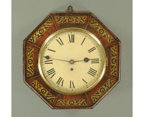 A Regency rosewood brass inlaid octagonal cased wall clock, with single fusée movement, case width 39 cm (see illustration). 