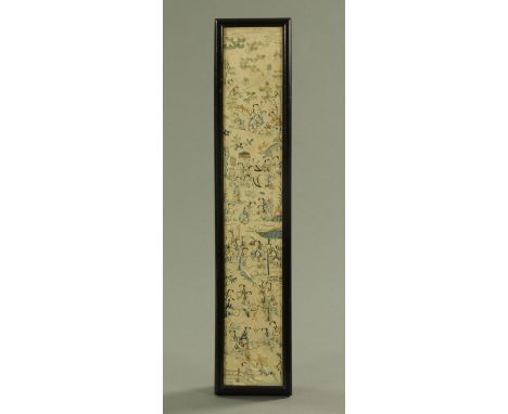A Chinese hand embroidered silk sleeve panel, late 19th century, decorated in 100 boys pattern, mounted in an ebonised frame,
