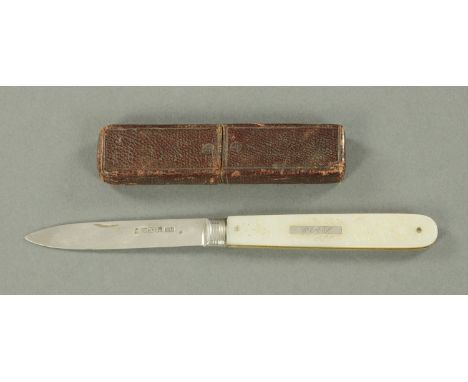 A silver bladed folding fruit knife, Aaron Hadfield, Sheffield 1842, with mother of pearl engraved handle with inset white me