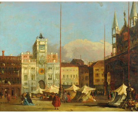 Manner of Francesco Guardi, a late 18th century oil painting on canvas, "Piazza San Marco Venice", figures in market square w