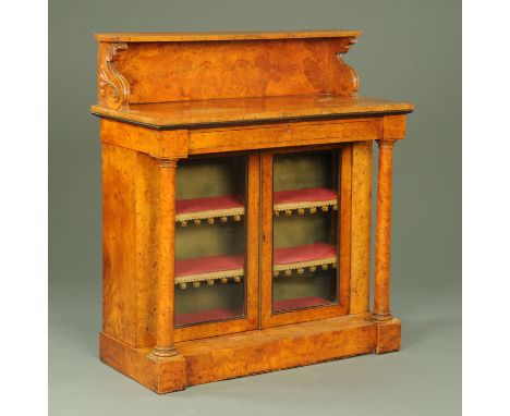 A Regency/William IV pollard oak and burr walnut chiffonier, with rear upstand, frieze drawer, recessed cupboards and plinth 