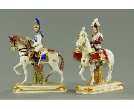 A pair of Sitzendorf porcelain "Garde Imperiale" figures on horseback, mid 20th century, one mounted with drums the other wit