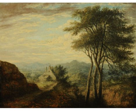 Continental School, 19th century, landscape with buildings and mountains, oil on panel, 18.5 cm x 23.3 cm (see illustration).