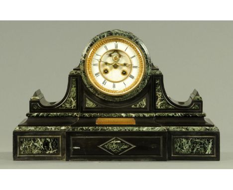 A Victorian black slate and variegated marble mantle clock, with Brocot visible movement and with applied presentation plaque