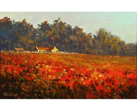 Allan Nelson, oil on panel, "Poppy Field".  27 cm x 44 cm, framed, signed, with certificate of authentication.  ARR
