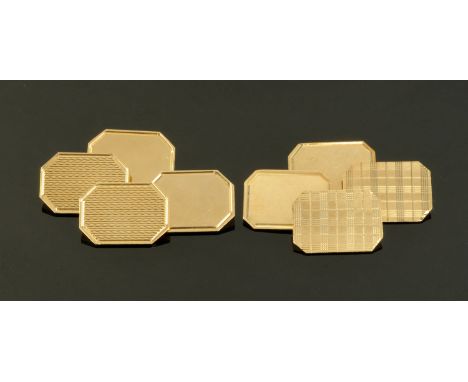 Two pairs of 9 ct gold cufflinks, each of rectangular form with canted corners and engine turned decoration, 10 grams.