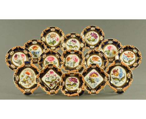A Ridgway porcelain Botanic pattern part dessert service, circa 1830, each piece handpainted with a variety of botanic studie