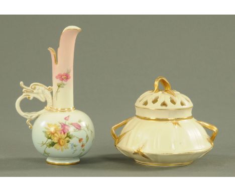A Royal Worcester pot pourri, date code for 1889, decorated with relief moulded gilt leaves upon a squat moulded body, with i