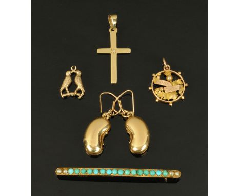 A pair of 9 ct gold hollow kidney shaped earrings, 9 ct gold cross, circular brooch marked "Dinna Forget", bird pendant and t