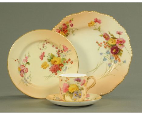A Royal Worcester blush ground trio and cabinet plate, date codes for 1901/02, all with hand painted floral spray decoration 