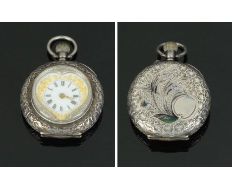 A continental silver cased ladies fob watch, late 19th century, the white enamel heart shaped dial with gilt and silver decor