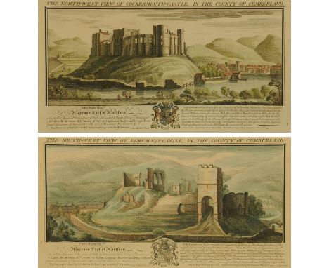 A pair of copper plate engravings after Samuel and Nathanial Buck, the North West view of Cockermouth Castle in the county of