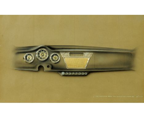 A VDO Tachometer Werke dashboard design, dated 15th June 1954, showing tachometer, fuel gauge, clock and with radio above a s