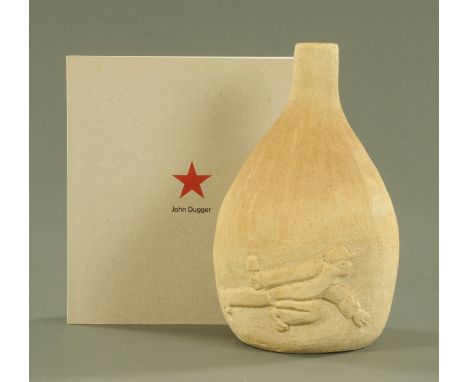 John Dugger (American, B. 1948), "Grenade!", 1973, Chinese inspired stoneware vase with relief carved decoration of a crouchi