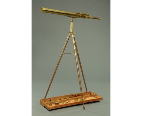 A 3" Victorian brass telescope, three draw, complete with lenses, accessories and tripod stand.  Length extended 154 cm (see 