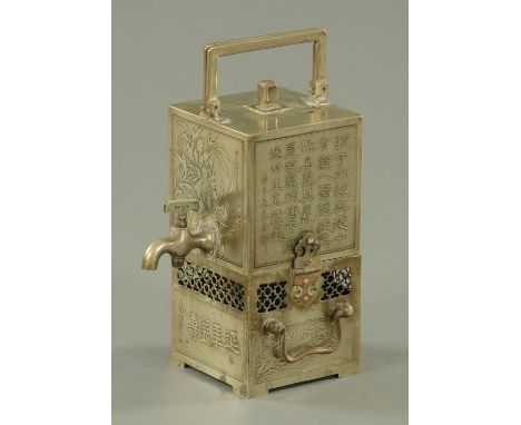 A Chinese silver plate on copper spirit kettle, late 19th century, in two sections, each of square form, the upper section wi