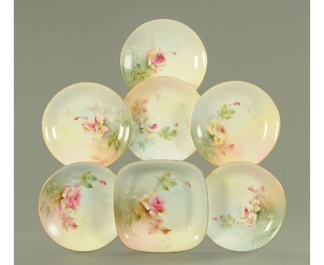 A Royal Worcester part dessert service, date code 1908/09, each with hand painted rose leaves against a blush pink, yellow an