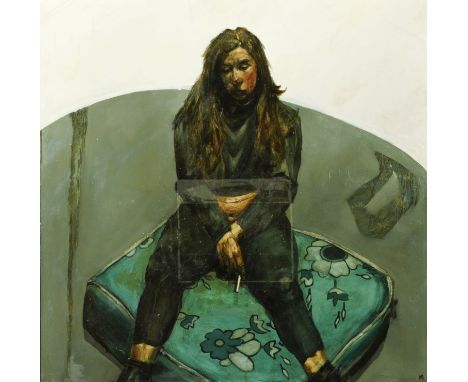 M., (20th century contemporary) "portrait of a dispirited looking young woman with long brown hair seated on a floral cushion