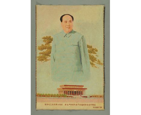 An embroidered panel of Chairman Mao above his mausoleum in Tiananmen Square, late 1970's early 1980's, 90 cm x 60 cm.