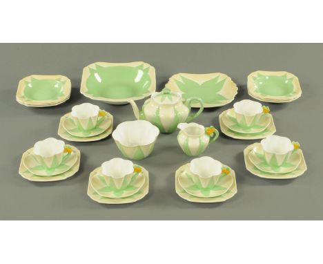 A Shelley "Dainty" pattern tea set and fruit set, early 20th century, the shaped cups with moulded floral handles with yellow