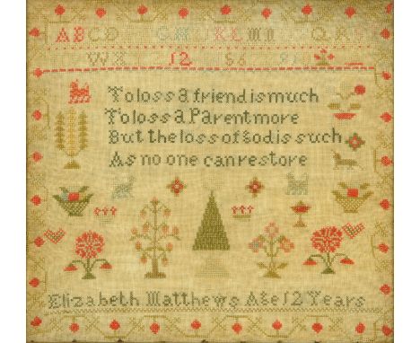 A 19th century pictorial sampler, worked by Elizabeth Matthews aged 12 years, with alphabet, numbers, verse and floral runnin
