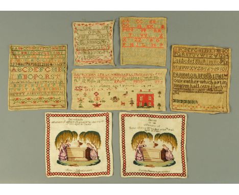 Seven assorted samplers, to include a pair of memorial samplers, one in the memory of Peter Aldred who died October 4th 1842 