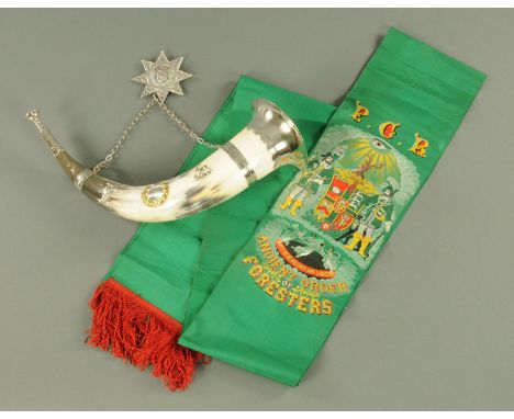 The ancient order of foresters silver insignia, Hilliard and Thomason, Birmingham 1879, a silver plated mounted cows horn ado