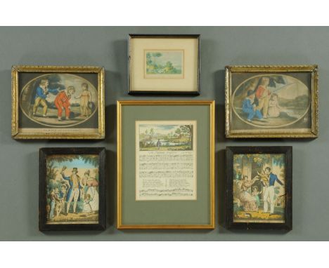 A group of 18th century and later hand coloured engravings to include boys fishing and playing at leapfrog, published August 