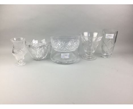 WATERFORD CRYSTAL FLOWER FORMED VASE, along with a Roual Doulton circular bowl, Galway vase, Waterford table lantern and anot