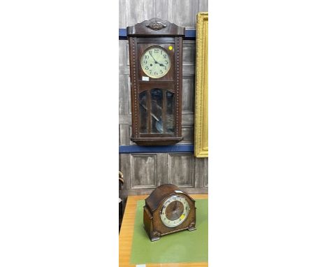 EARLY 20TH CENTURY WALL CLOCK, 73cm high, along with an oak mantel clock (2)