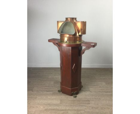 EARLY 20TH CENTURY SHIP'S COMPASS BINNACLE, the gimbal mounted compass by Sestrel, with glazed copper hood, the octagonal har