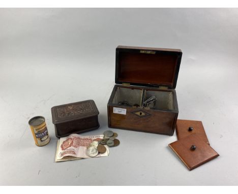 COLLECTION OF BRITISH AND FOREIGN COINS, including silver threepennies, along with banknotes, contained in a tea caddy, also 