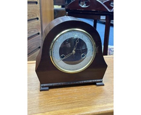 ART DECO MAHOGANY MANTEL CLOCK, by Smiths of Enfield, with key and pendulum, 19cm high, along with two bedside time pieces (3