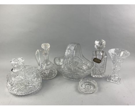 CRYSTAL CLARET JUG, with stopper, 23cm high, along with a vase, decanter, beetroot jar, basket comport, circular bowl and oth