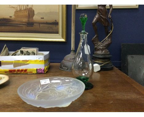 EARLY 20TH CENTURY FRENCH OPALESCENT GLASS CIRCULAR BOWL, by Etling, 23cm diameter, along with a green and clear glass decant