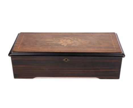 19TH CENTURY SWISS ROSEWOOD MUSIC BOX, the hinged cover with marquetry floral spray, playing twelve airs, 53cm wide